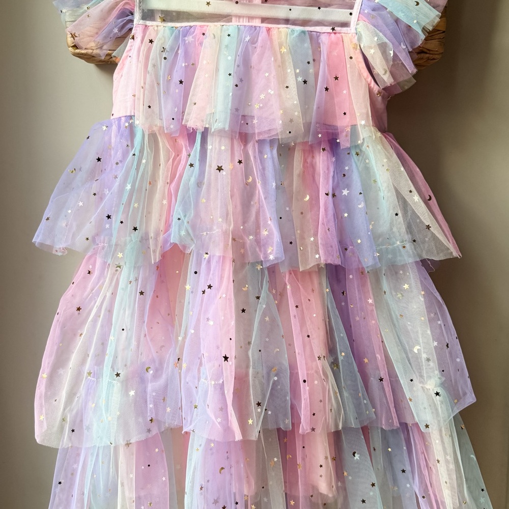 Pastel Rainbow Tiered Tulle Dress with Gold Accents